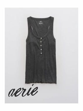aerie No BS Lettuce Trim Henley Tank Top in Smoked Gray